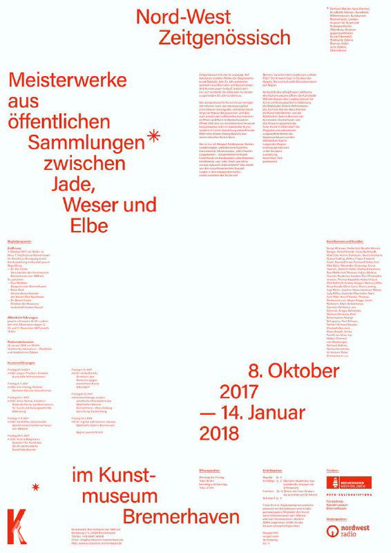 Белый постер с разбросанной красной типографикой и датами выставки — минимализм и информационная иерархия в немецком плакатном дизайне.
