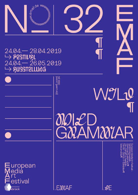 Фиолетовый постер с крупным номером '32' и декоративной типографией — постер фестиваля медиа-искусства, игра шрифтов и графических форм.