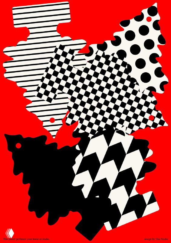 Абстрактный постер на ярко‑красном фоне с разнообразными чёрно‑белыми геометрическими узорами и коллажной композицией — сильный контраст и текстура.