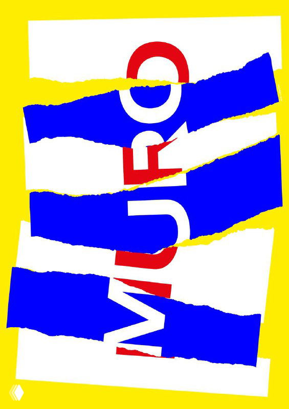 Плакат на жёлтом фоне с рваной синей графикой и фрагментированной типографикой; фактурный и энергичный образ для визуального акцента.