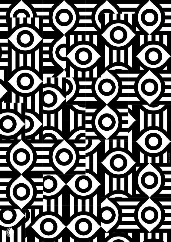 Чёрно‑белый паттерн из стилизованных глаз и геометрических форм; повторяющийся орнамент в оп‑арт стиле и сильный графический контраст.
