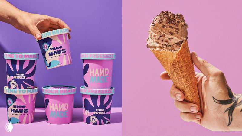 Две коллажные сцены: ряды банок Moohaus и рука с рожком мороженого, подчёркивающие упаковочный ряд и вариант подачи продукта.