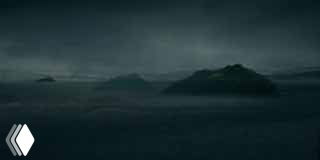 Кадр из заставки сериала «Сёгун»: мрачное море с низкими островами и лёгким туманом, атмосферная живописная графика с отсылкой к мотиву «сухих садов».