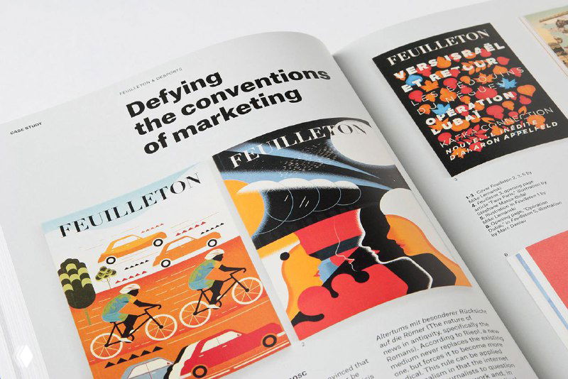 Разворот книги «Designing News»: яркие иллюстрации и дизайнерские макеты страниц, примеры журнальной верстки и иллюстраций.