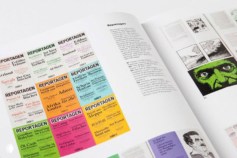 Страница с образцами публикаций и цветными карточками рубрик в книге Франческо Франки — примеры инфографики и репортажной верстки.