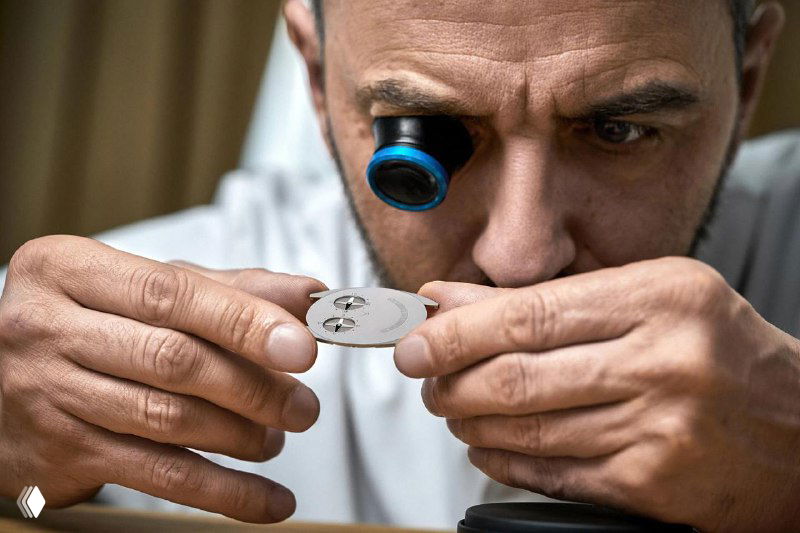 Крупный план лица мастера в увеличительной лупе, руки держат тонкую пластину механизма — процесс ручной регулировки и сборки деталей часов.