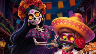 Arte promocional de Skull Carnival: calaveras decoradas y personajes esqueléticos festivos con sombrero, guitarra y papel picado colorido.