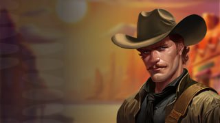 Cowboy character artwork for a slot game: hat, leather vest, stoic expression, warm casino background with blurred reels.