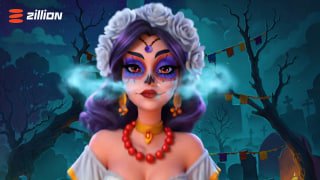Promotional artwork of Katrina, a Halloween-themed slot heroine with sugar-skull makeup, red beaded necklace, and a spooky festival backdrop.