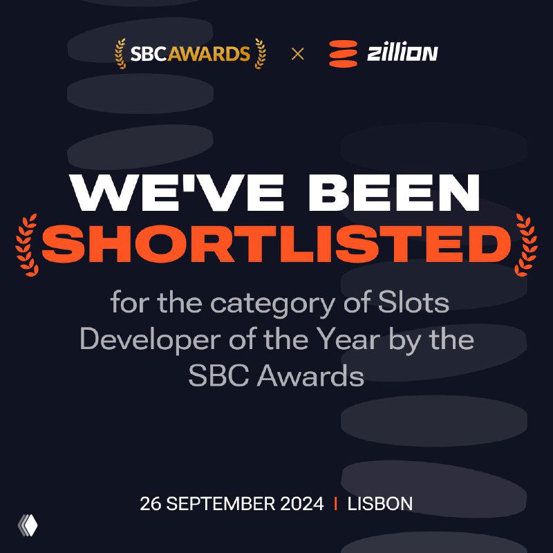 Graphic banner announcing Zillion Games shortlisted for SBC Awards Slots Developer of the Year, with date and Lisbon mentioned.