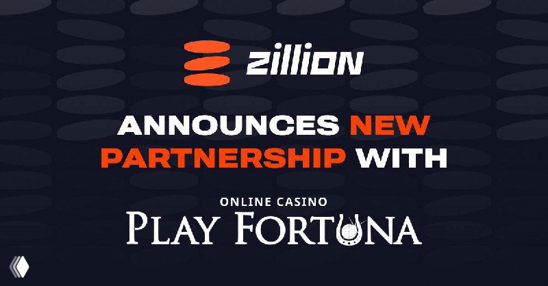 Promotional banner showing Zillion logo and PlayFortuna brand announcing a new partnership; dark background with headline about the collaboration and logos.
