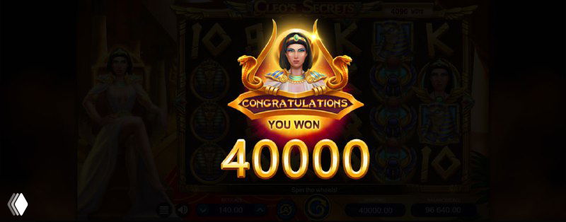 Cleo Secrets slot win screen depicting goddess artwork and a bold 'YOU WON 40000' display indicating a CAD 40,000 payout.