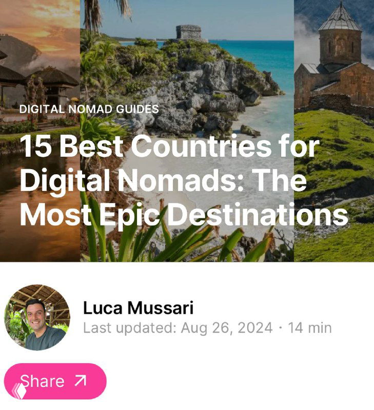 Коллаж пейзажей и архитектуры: пляж, скалистый берег, старинная башня и зелёные холмы; обложка путеводителя для диджитал-номадов, иллюстрация стран и сезонов.