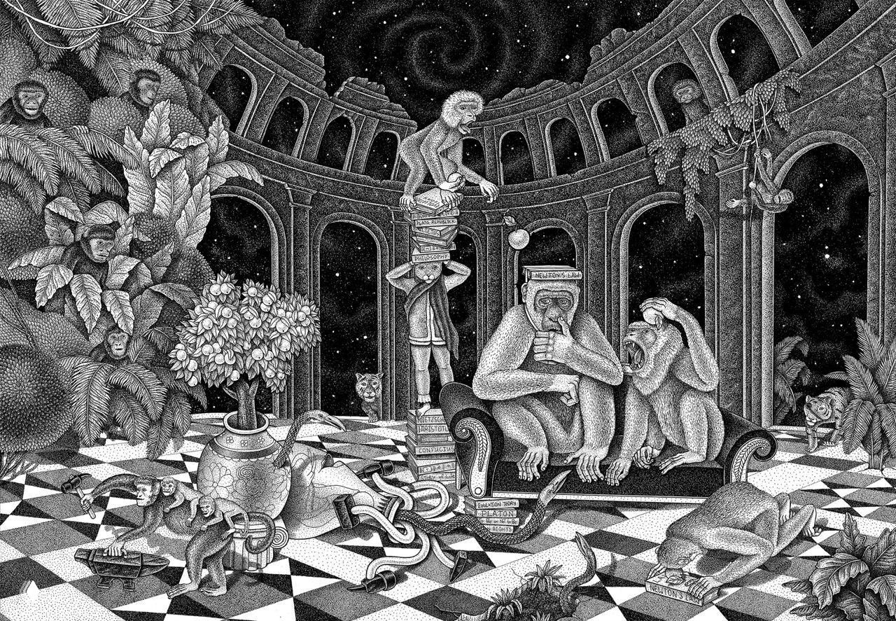 Сюрреалистическая зарисовка: круглая арена под звёздным небом, обезьяны на диване и рассыпанная литература, выполненная в технике точечной графики.