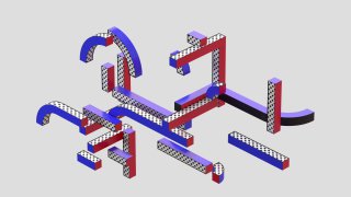 Компьютерная 3D-рендеринг структура из сегментов, напоминающая переработанные китайские формы в пространственной трёхмерной сетке.