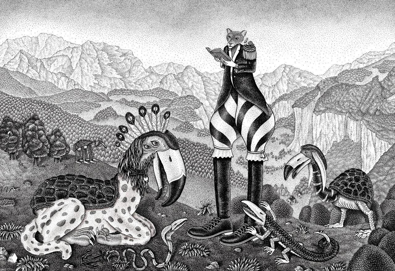 Фантастический пейзаж: высокий персонаж на ходулях, рептилии и черепахи с элементами узорной штриховки и множеством мелких существ в сцене.