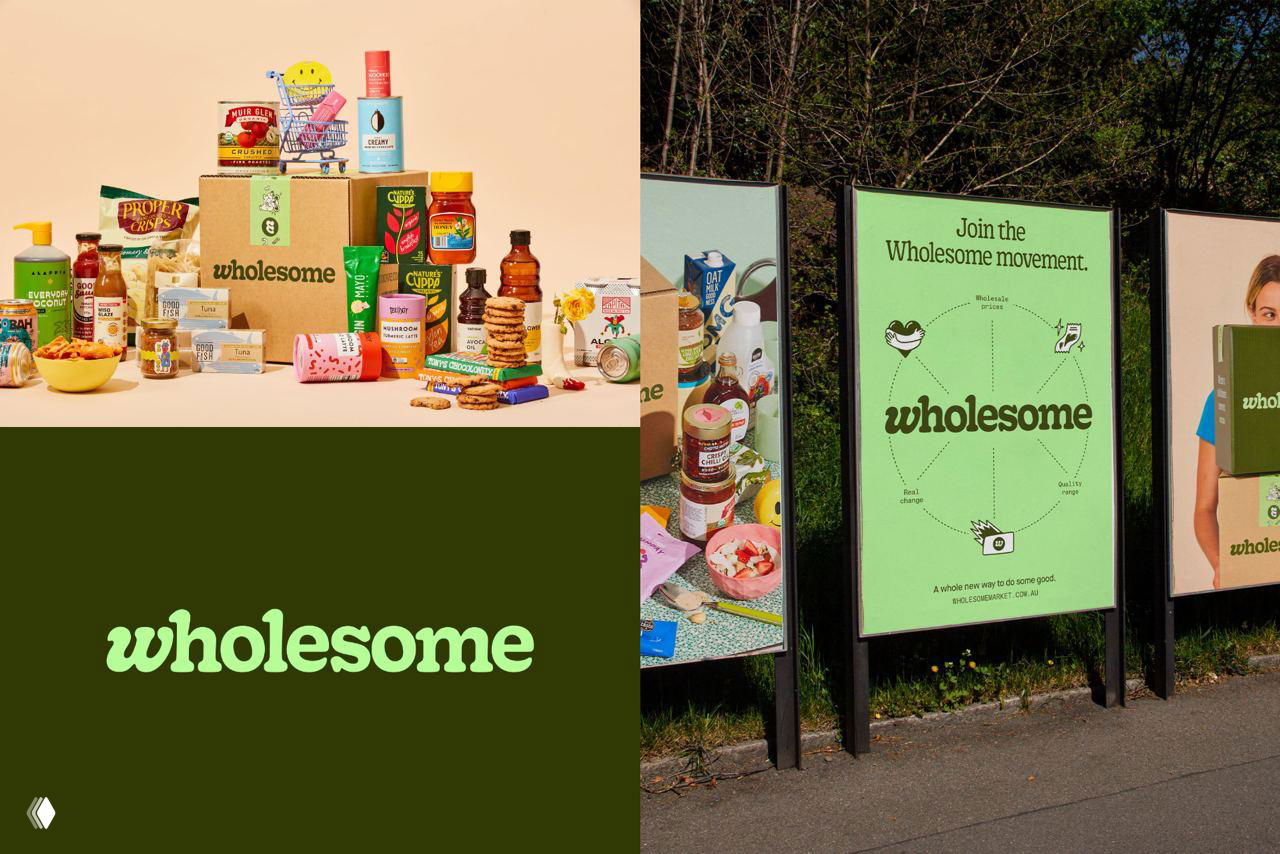 Коллаж айдентики Wholesome: упаковки органических продуктов, коробка с логотипом, постеры бренда и композиция на светлом фоне.