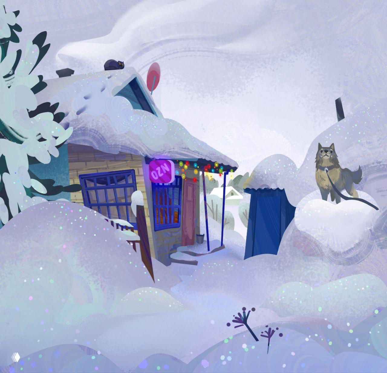 Зимняя сцена: покрытая снегом избушка с гирляндой и посёлок на заднем плане; мягкие пастельные текстуры и спокойное северное настроение.