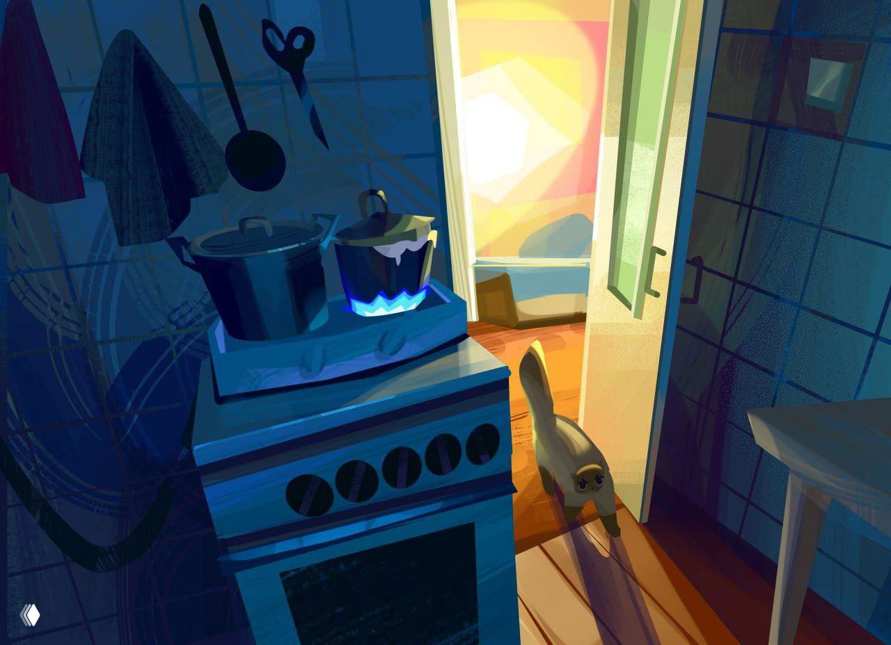 Кухонная сцена: плита с кипящей кастрюлей и проходящая по комнате кошка, контраст холодных и тёплых тонов, характерный бытовой сюжет.