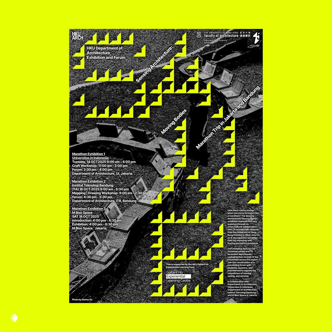 Контрастный чёрно-жёлтый постер с зернистой текстурой и повторяющимися треугольными элементами, много мелкого информационного текста и графических блоков.