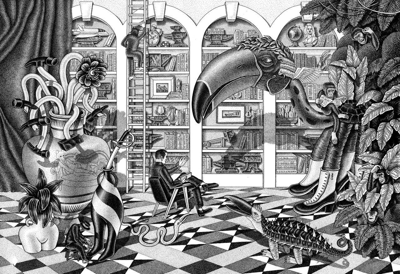 Чёрно‑белая точечная ручная графика: фантастическая сцена в библиотеке с гигантской птицей, мебелью и множеством мелких деталей.