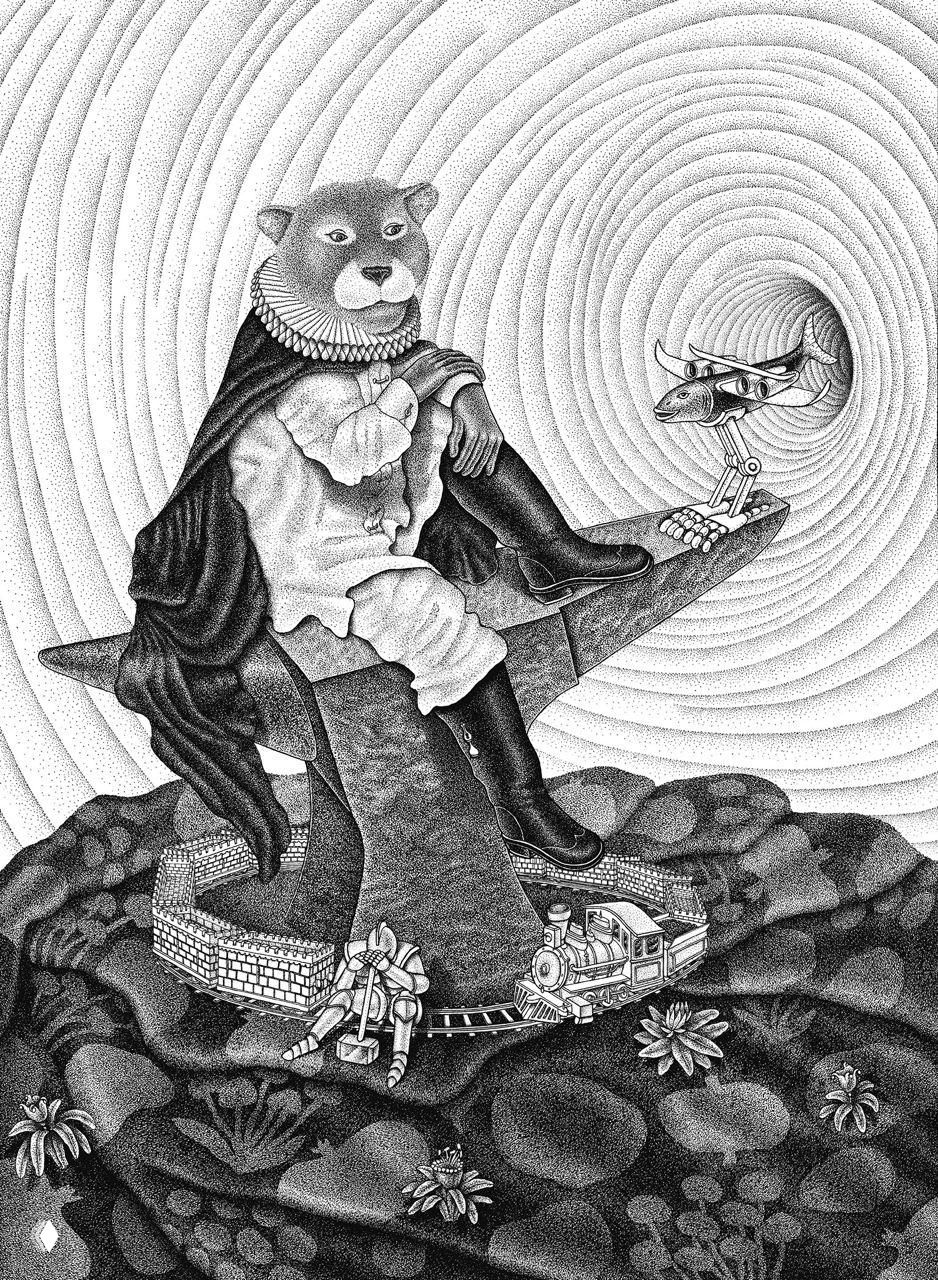 Пуантилистская иллюстрация: антропоморфный медведь в историческом костюме на каменной платформе, вокруг — игрушечные поезда и декоративные элементы.