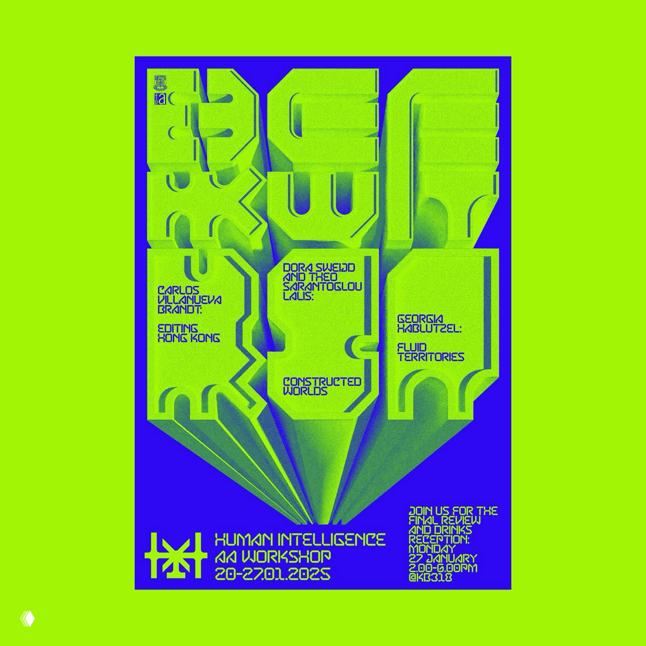 Лаймово-синий постер с объёмной блочной типографикой и текстовыми колонками, дизайн в стиле экспериментальных шрифтов и 3D-элементов.