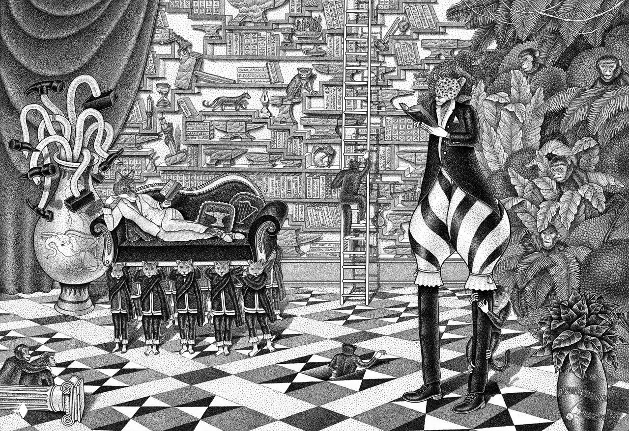 Чёрно‑белая детализированная графика: библиотечный интерьер с диваном, лестницами и антропоморфными животными в сложной композиции точечной штриховки.