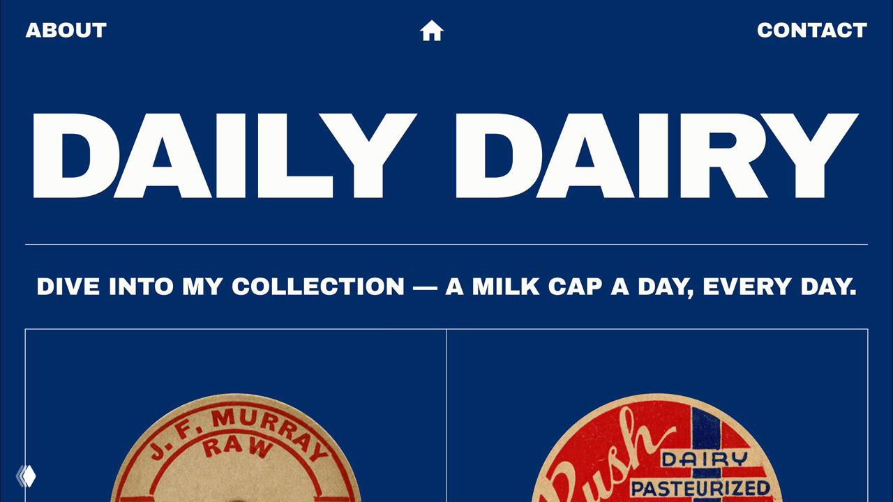 Тёмно‑синий шаблон с крупным заголовком DAILY DAIRY, секция коллекции с визуальными карточками и броской типографикой для личного проекта.