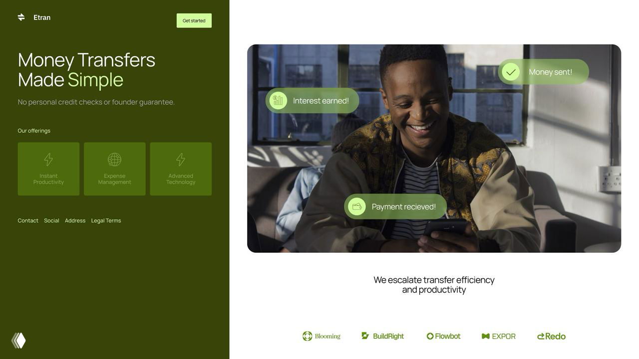 Шаблон финансового сервиса: зелёная боковая панель, заголовок «Money Transfers Made Simple», демонстрация функции и иконок услуг.