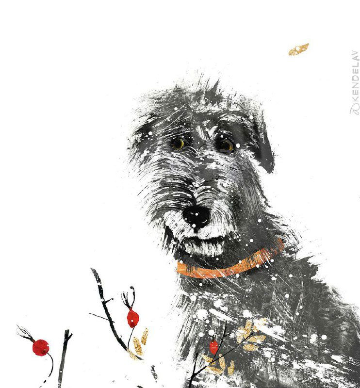Крупный фрагмент чёрно‑белой иллюстрации: деталь морды собаки и снежные брызги, авторская штриховая техника у Кендель.