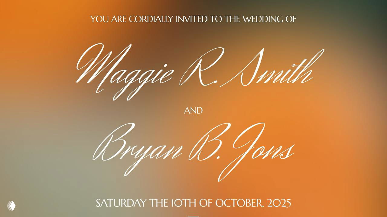 Романтический шаблон приглашения: размытый градиентный фон, каллиграфические имена молодожёнов и элегантная навигация для событийных сайтов.