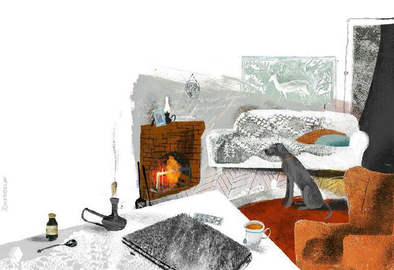 Пёстрая композиция из разноцветных узоров и штрихов; ощущение ветра и движения снега в детской книжной иллюстрации авторов Кендель.