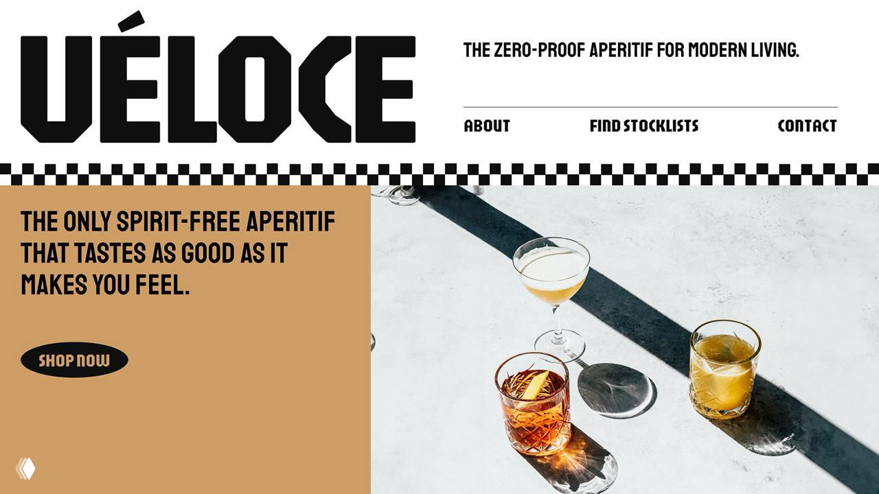 Шаблон для бренда напитков: крупный логотип VÉLOCE, секция с продуктовой фотографией и блок «shop now», ретро‑стилистика и контрастные блоки.
