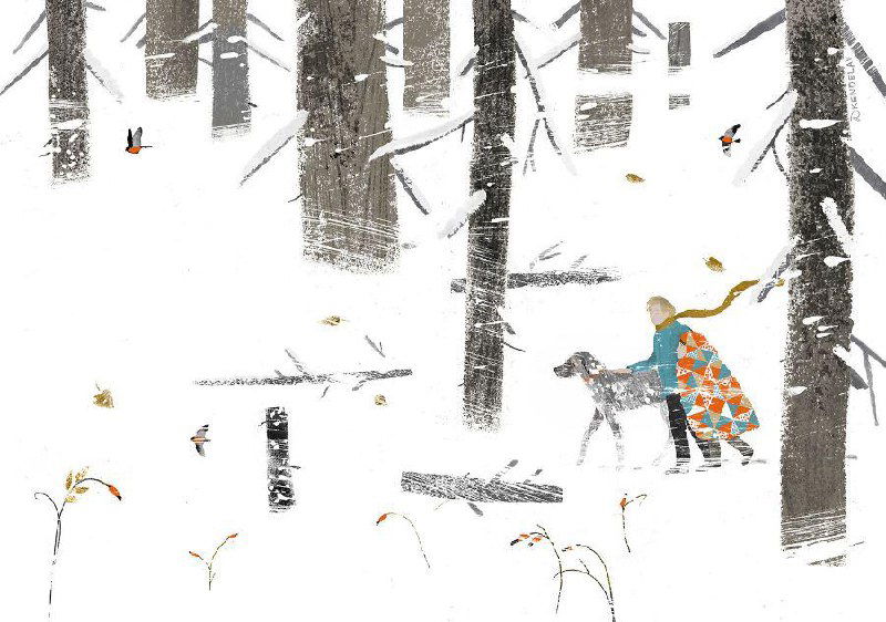 Пейзаж с домиком и заснеженными деталями, тёплые оранжевые акценты на монохромном фоне — иллюстрационная зарисовка из «Пёс поэта».