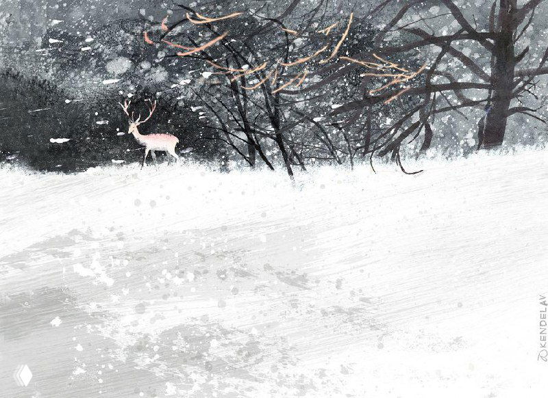 Широкий зимний пейзаж с деревьями и снегом, зернистая фактура и авторские мазки передают холод и спокойствие в иллюстрации Кендель.