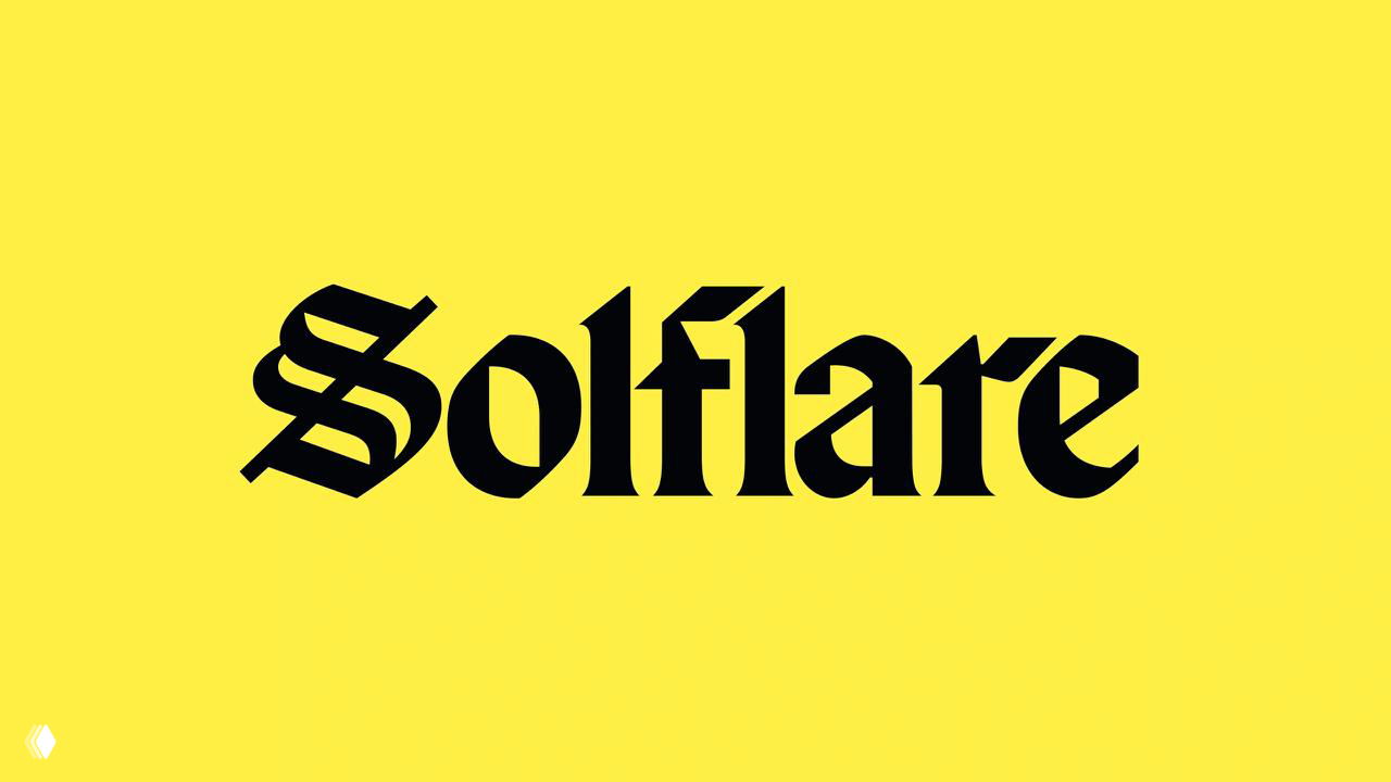 Чёрный готический логотип Solflare на ярко‑жёлтом фоне, минималистичная подача, отсылка к исторической банковской типографике бренда.