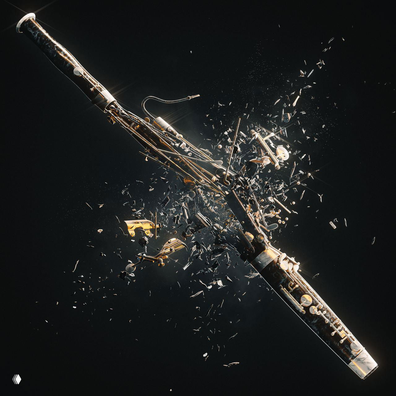 Полноэкранный кадр: духовой инструмент в момент взрыва, разлетающиеся мелкие детали и фрагменты, высококачественный 3D‑рендер для обложки Apashe.