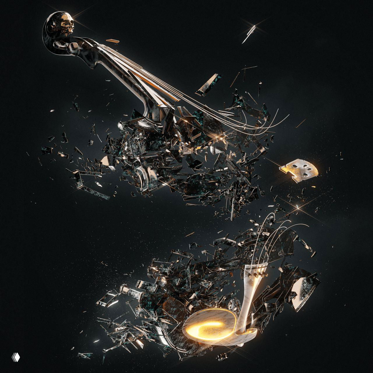 Разлетевшийся механизм смычкового инструмента: шпильки, струны и мелкие детали в хаотическом полёте, отражения золота и металла на чёрном фоне.