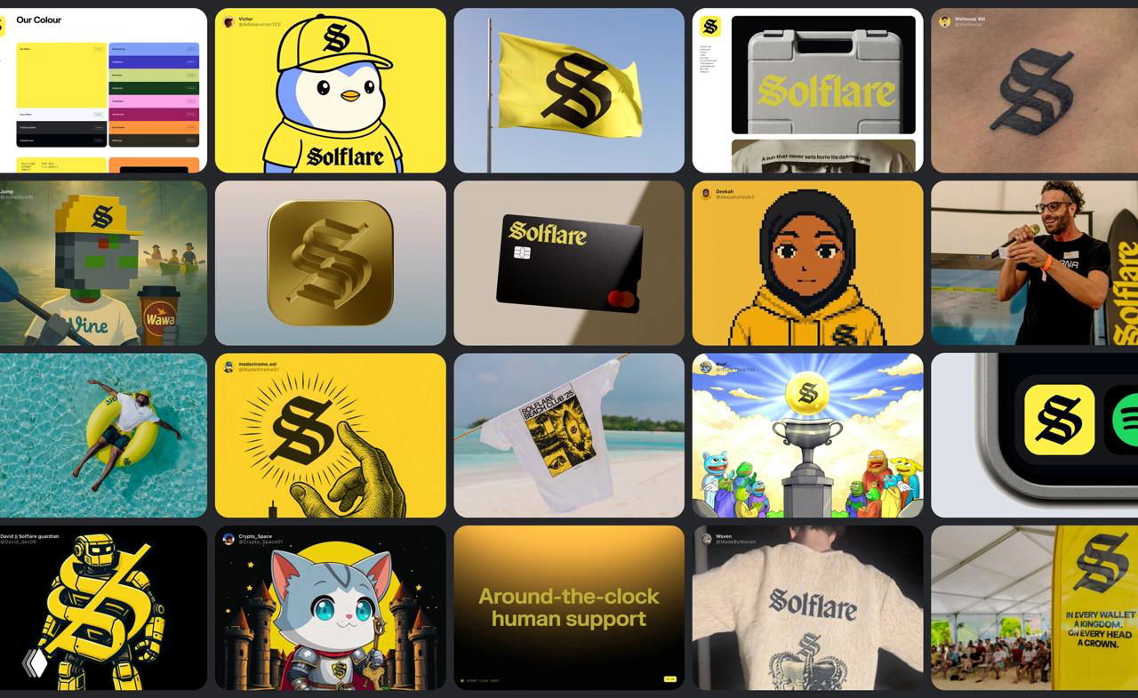 Коллаж из стикеров и графики бренда Solflare: жёлтые и чёрные блоки, пиксель‑арт и мерч, отображение фирменной визуальной системы.