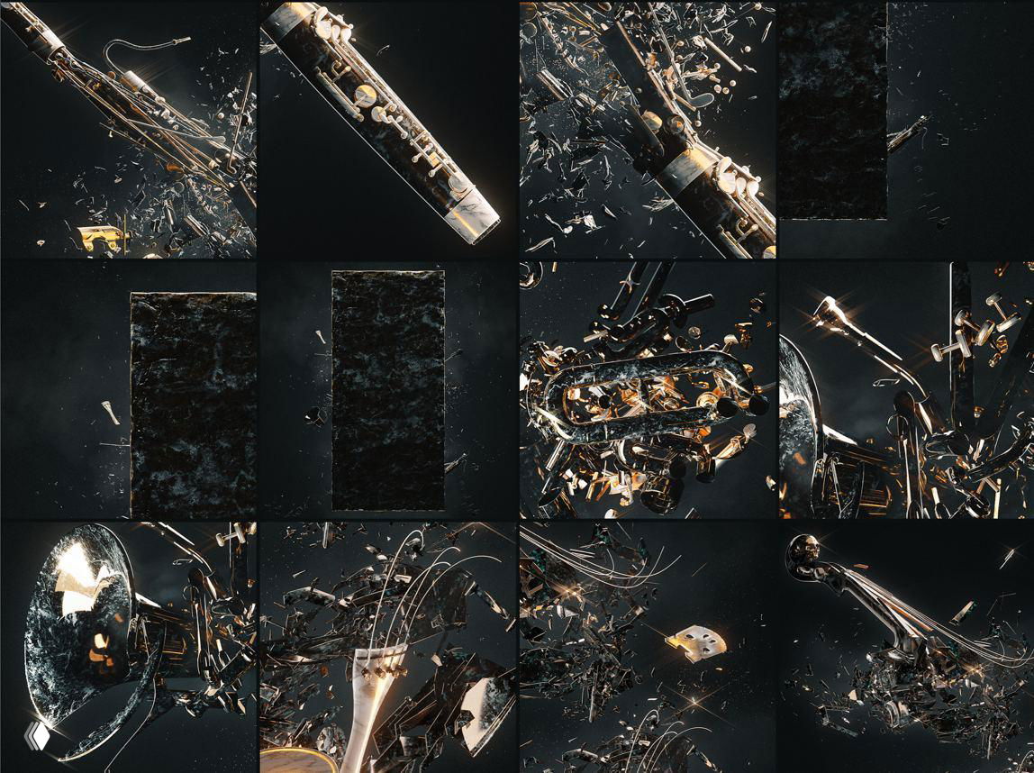 Коллаж из нескольких кадров проекта: разные ракурсы разрушенных инструментов, мрачная палитра, блестящие металлические детали и композиционная сетка.