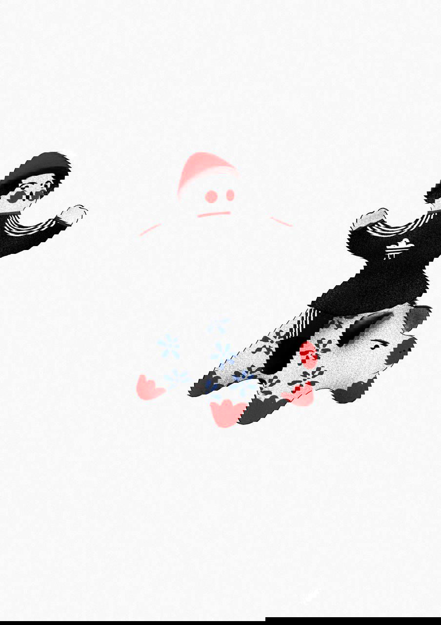 Иллюстрация-эскиз: маленькая фигурка в красной шапке верхом на расписной свинье, графика в стиле народных мотивов, белый фон, детальная штриховка