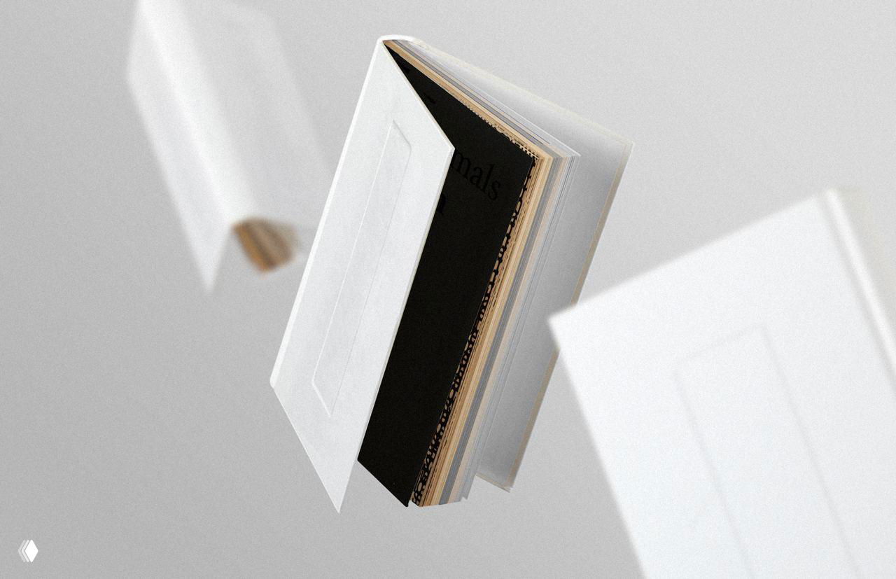 Портретная фотография раскрывающейся мини‑книги в форме пачки, плавающей на светлом фоне; минималистичный ракурс подчёркивает форму и упаковку проекта.