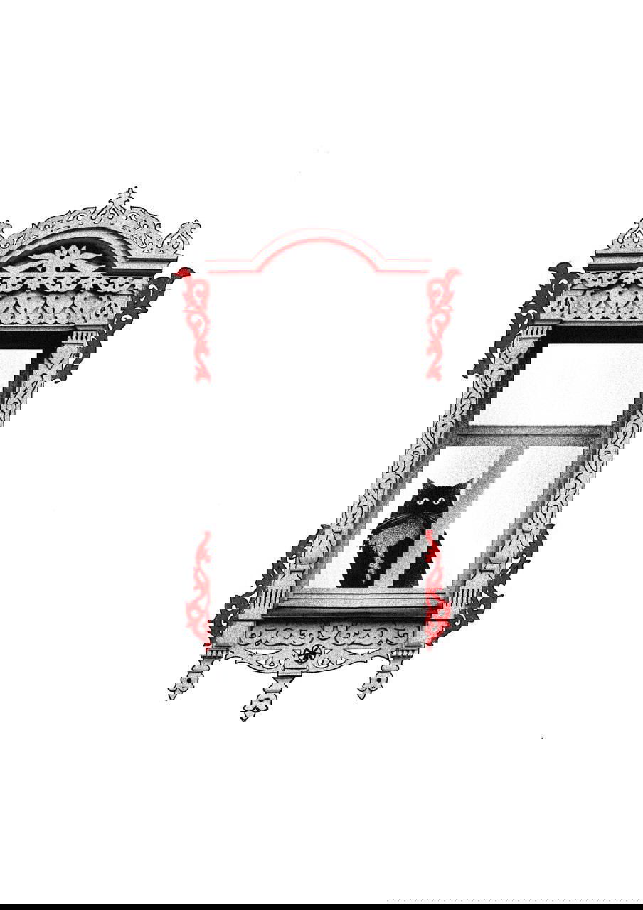 Эскиз с котом в окне, украшенном резной наличной рамой с узорами; чёрно‑белая графика с красными акцентами в деталях, фольклорная атмосфера