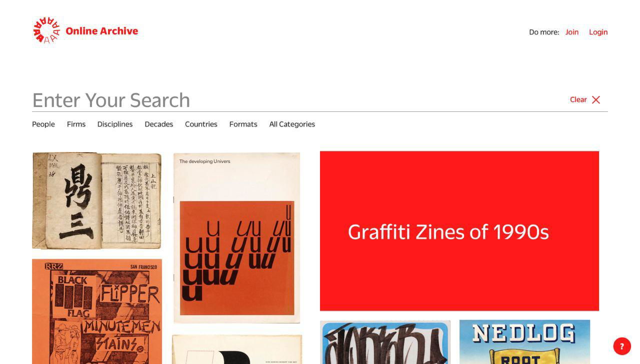 Скриншот онлайн-архива Letterform: сетка обложек, афиш и зинов, крупный красный баннер «Graffiti Zines of 1990s», строка поиска сайта.