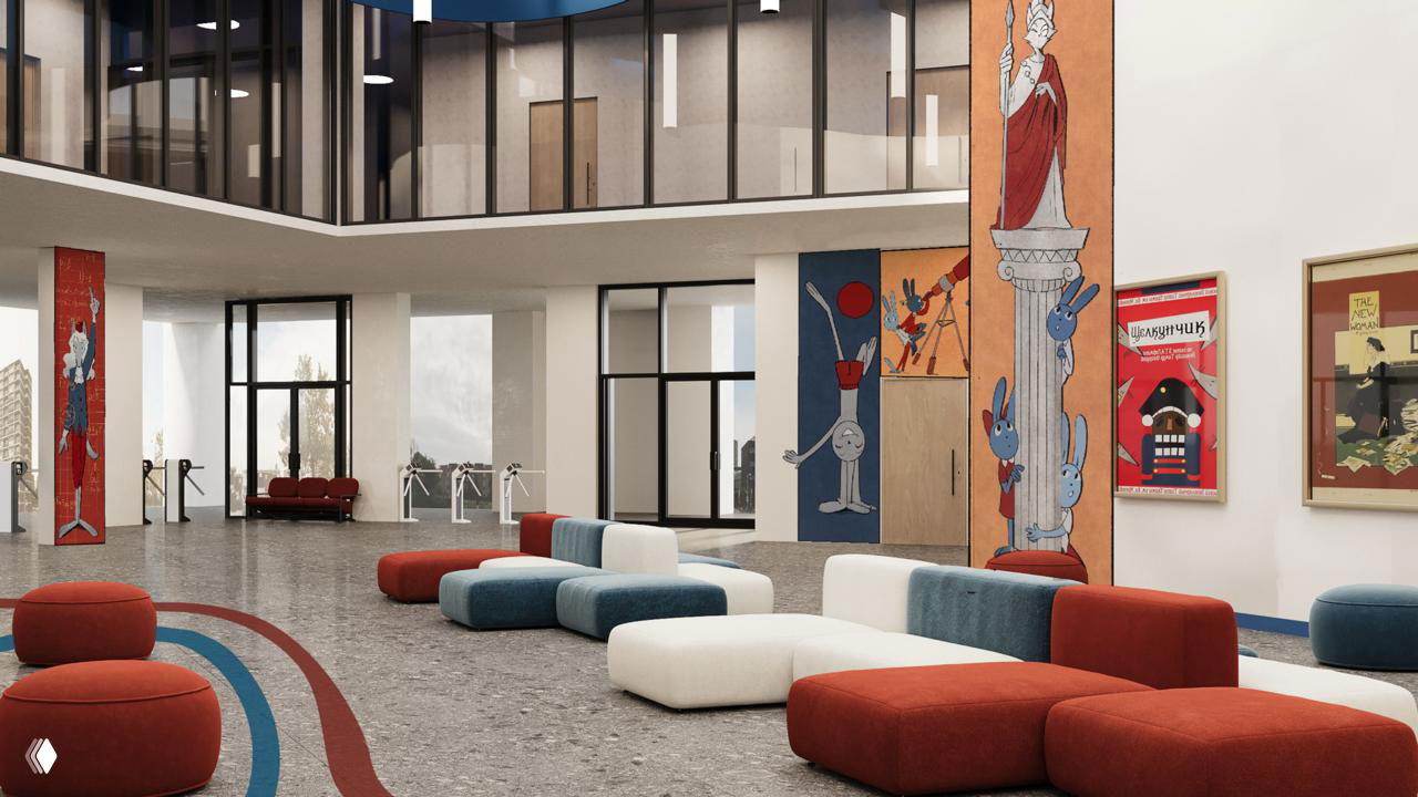 Фрагмент холла с колоннами и вертикальными баннерами: персонажи на колоннах и стенах, навигационные маркеры возле дверей аудитории.