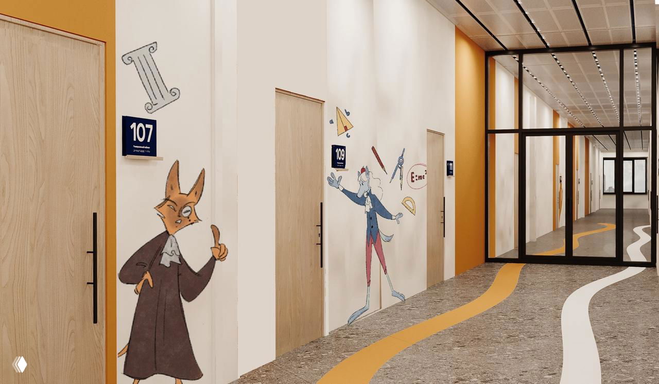 Коридор школы с росписью: персонажи и цветовые полосы на полу для ориентирования, иллюстрации у дверей аудиторий в спокойной палитре.