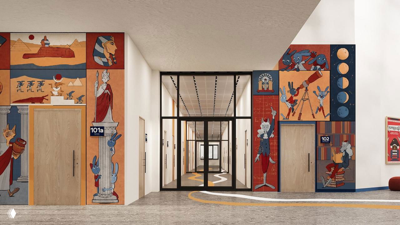 Фотопривью большого входного холла с распланированными панелями на стенах: модули с сюжетными изображениями, уютная зона ожидания и указатели.