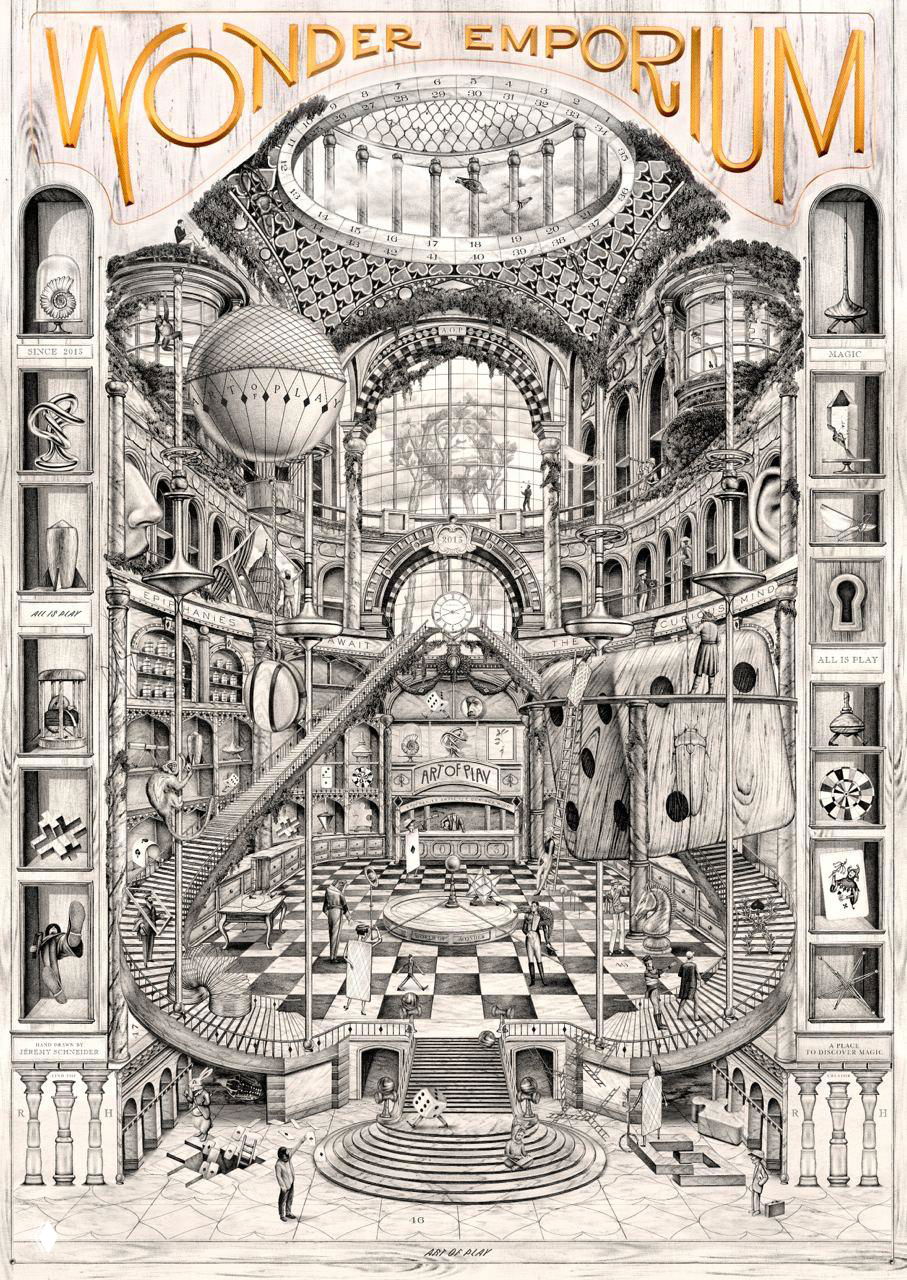Детализированная чёрно‑белая иллюстрация "Wonder Emporium" в викторианском стиле: архитектурные арки, лестницы и миниатюрные сцены внутри витрины.