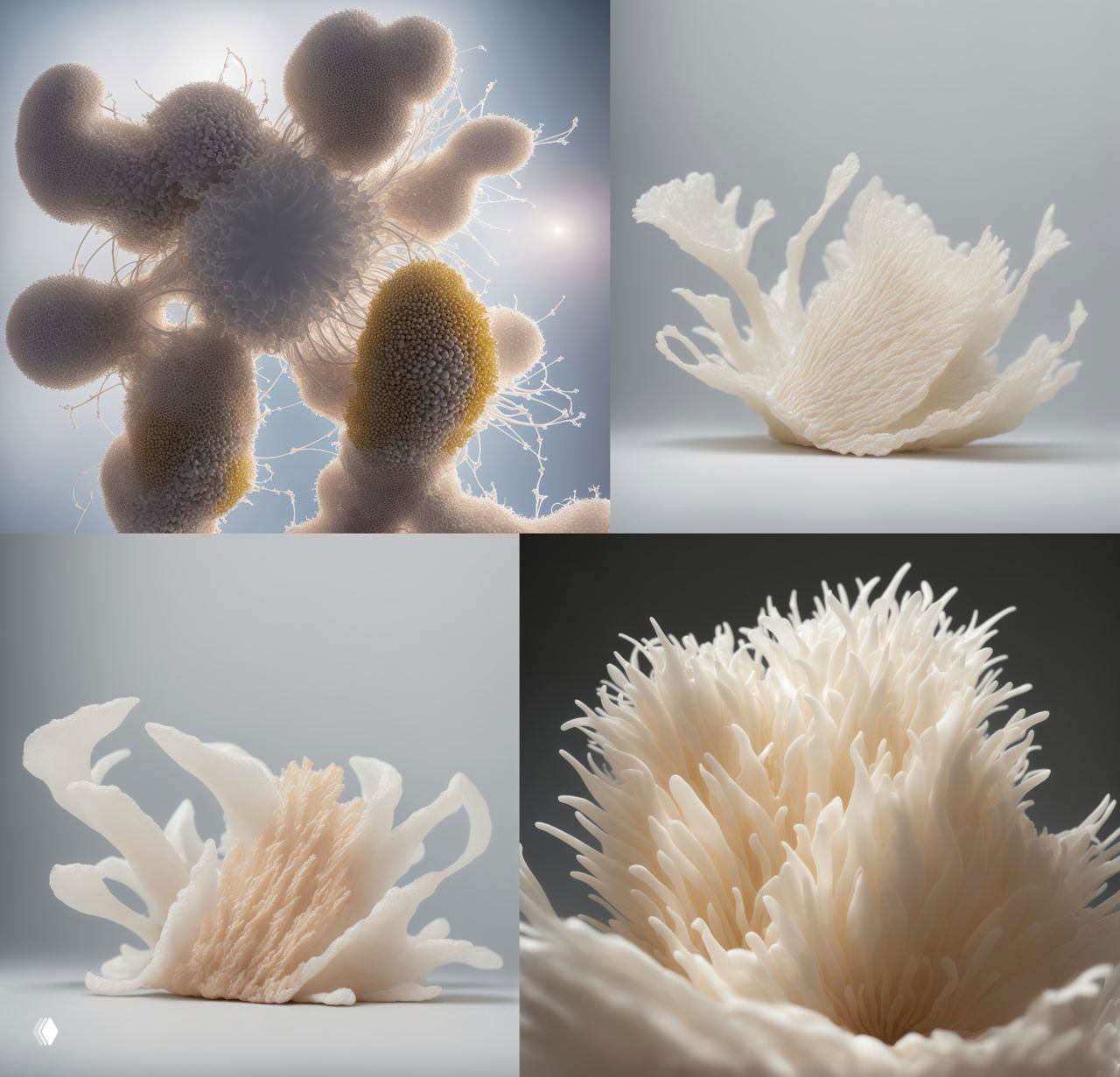 Коллаж из четырёх визуализаций VeriXam: гипотетические биоструктуры с детализированным шейдингом и мягким атмосферным освещением, студийная подача.